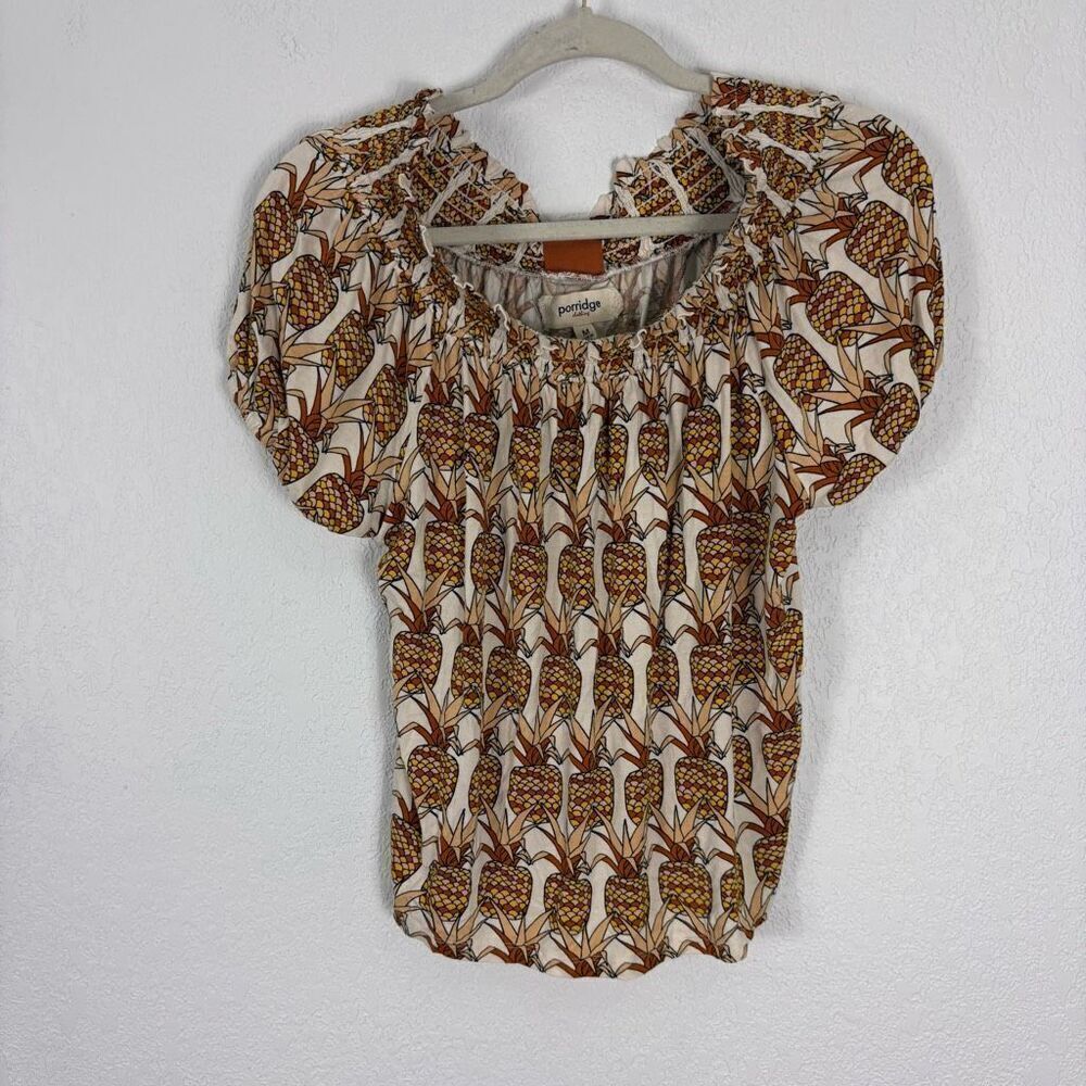 Porridge Anthropologie Orange & Yellow Pineapple Print Short Sleeve Top Bow Back